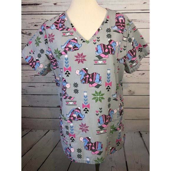 Disney Scrub Top size Medium Eeyore Gray‎ Nursing Medical Shirt Vet Tech Hearts - Picture 1 of 6
